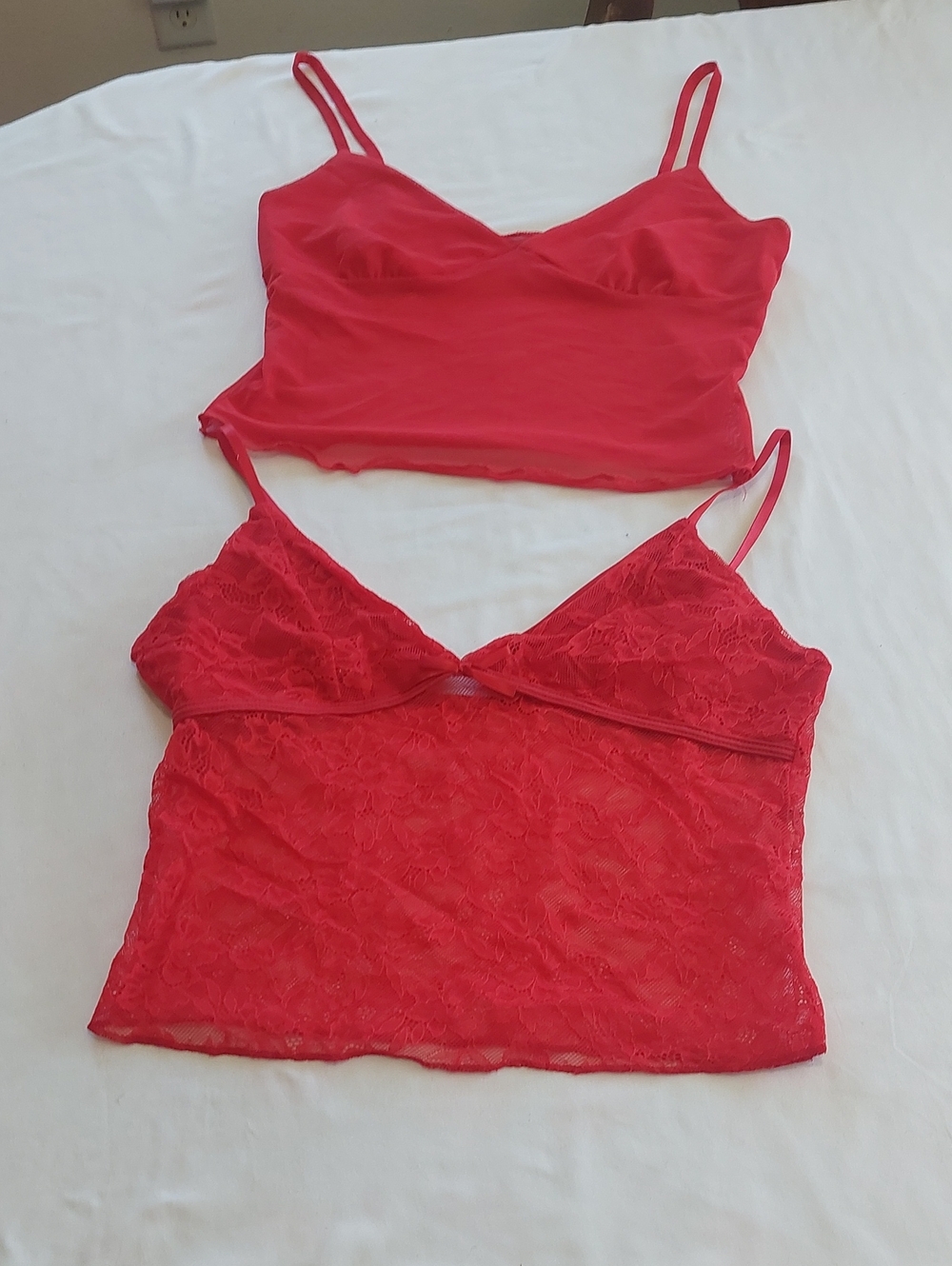 Red Lace & Stretch Camisole Set - Bright Red. 2 Tops Small